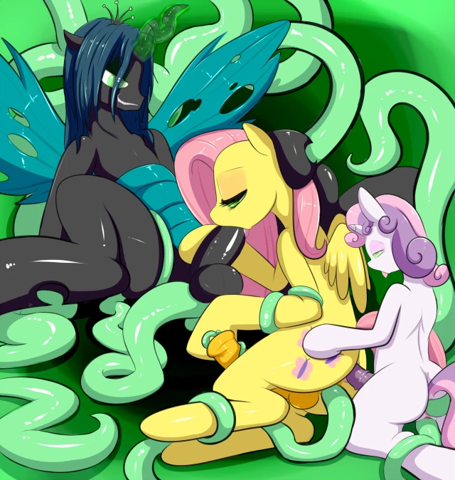 changeling+fluttershy (mlp)+queen chrysalis (mlp)+sweetie belle (mlp)